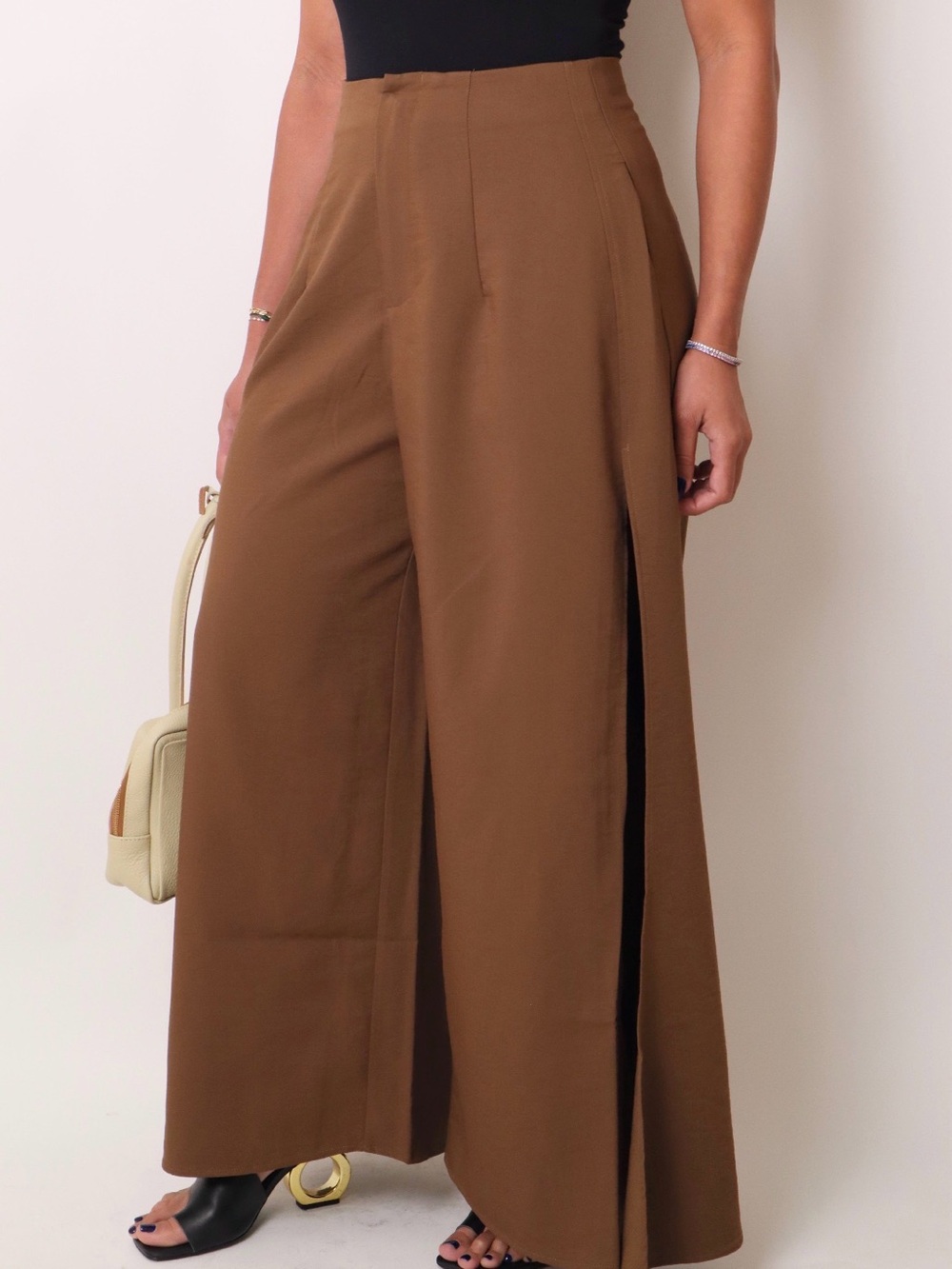Wide Leg Split Hem Pants - Brown